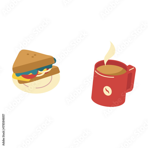 A delicious sandwich and a steaming hot cup of coffee, perfect for a quick breakfast or a midday snack