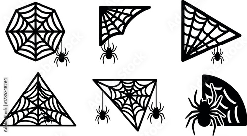 Spider web icons with spiders in various shapes and corner designs vector illustration 