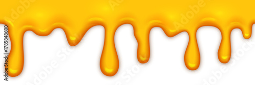 Golden honey drip background with flowing liquid texture on transparent surface. Glossy oil drops with smooth melting effect. Sweet caramel, syrup, cream texture. Realistic vector illustration.
