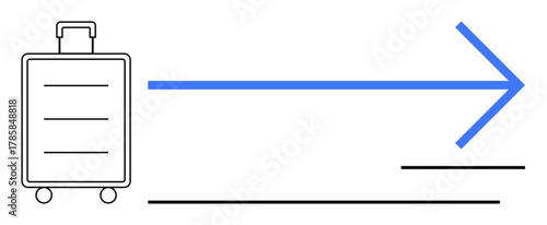 Simple wheeled suitcase with a bold blue arrow pointing forward, indicating travel, direction, movement. Ideal for travel, tourism, progress, journey planning, transportation adventure logistics