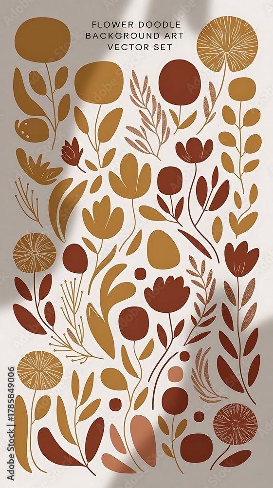 Fototapeta premium Flower doodle background art vector set. Botanical and leaves abstract shape doodle art design for print, wallpaper, clipart, wall art for home decoration.
