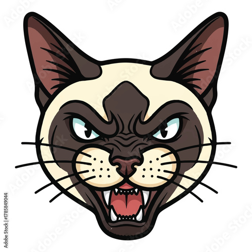 Intense Feline Growl A Dynamic Illustration of an Aggressive Siamese Cat's Head, Showcasing its Ferocious Expression, Sharp Fangs, and Striking Stripes, Perfect for Sporty Designs or Emblems