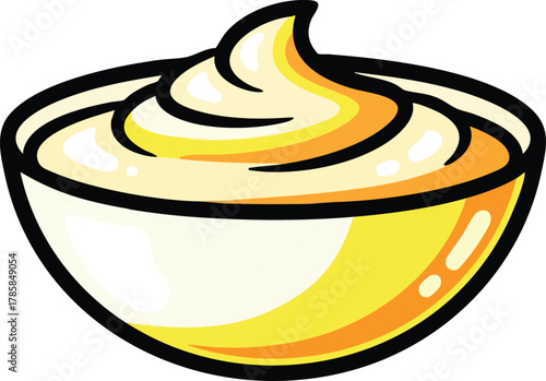 Creamy white sauce in a clear glass bowl with yellow highlights and black outlines on a white background