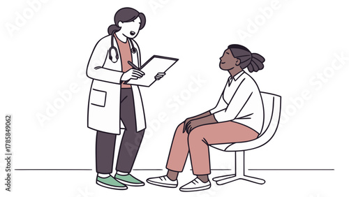 A doctor in a white coat consults with a patient sitting in a chair, taking notes.