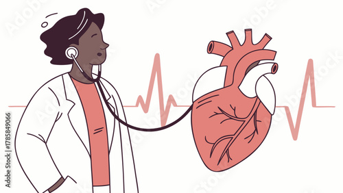 A medical professional listens to a stylized human heart, observing its rhythm, with a line representing the heartbeat.
