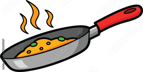 Cartoon Frying Pan With Hot Food Steaming And Bubbling On Stove Top With Red Handle