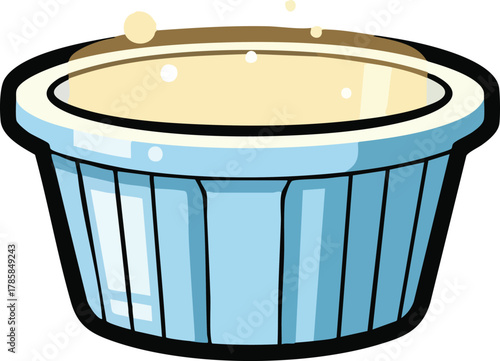 Light Blue Ramekin Dish Filled With Yellow Custard And Bubbles Against White Background