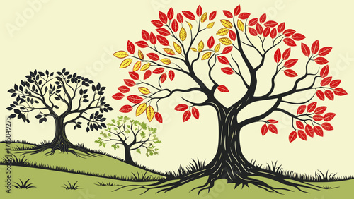 Stylized illustration of three trees of varying sizes and colors, showcasing vibrant autumn foliage and root systems on a grassy hill.