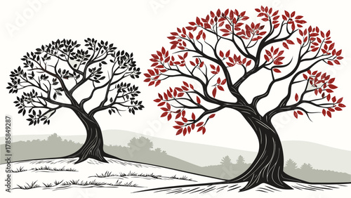 Two stylized trees, one black and white, the other with red leaves, stand on rolling hills against a bright background.