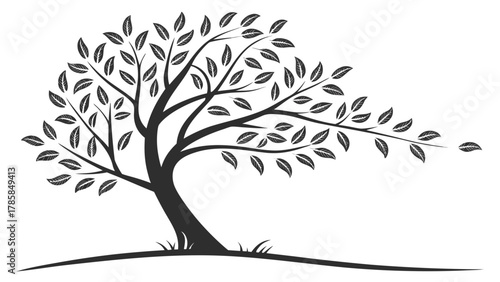 Stylized black and white illustration depicting a tree with its leaves gracefully bending and blowing in a gentle breeze.