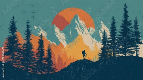 Outdoor adventure landscape illustration for apparel: mountains, pines, and trail