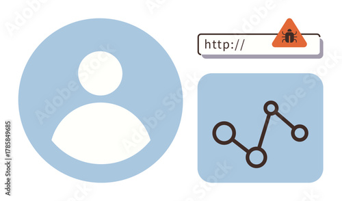 User profile icon, data chart with connected nodes, and web link warning alert. Ideal for cybersecurity, data analysis, user monitoring, web safety, data breaches, online protection simple flat