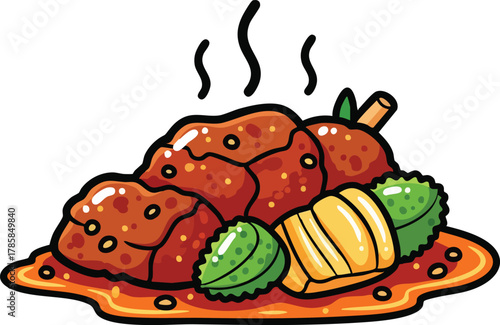 Steaming Hot Braised Meat Dish with Vegetables and Sauce