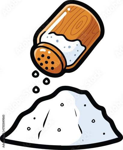 Cartoon Salt Shaker Pouring White Granules Onto a Pile Of Salt With A Wooden Lid And Perforated Top