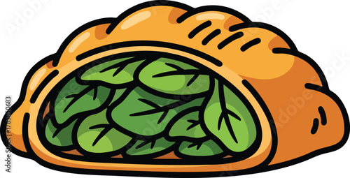 Golden Pastry Filled With Fresh Green Spinach Leaves Isolated On White Background Cartoon Style