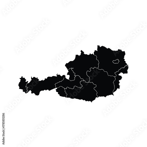 Austria black silhouette map vector illustration isolated on white background geographical outline shape provinces territory contour concept