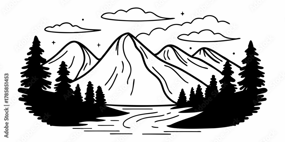 Obraz premium Hand drawn mountain landscape sketch illustration isolated on white background