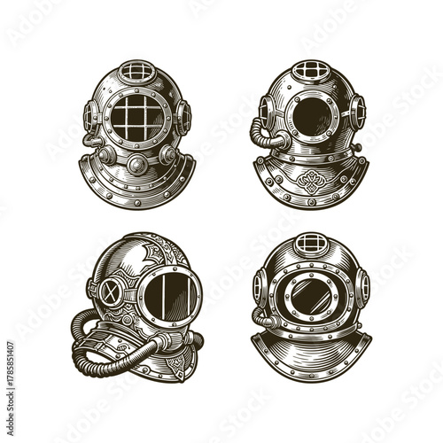 A set of four detailed vintage engraving style illustrations of antique deep-sea diving helmets