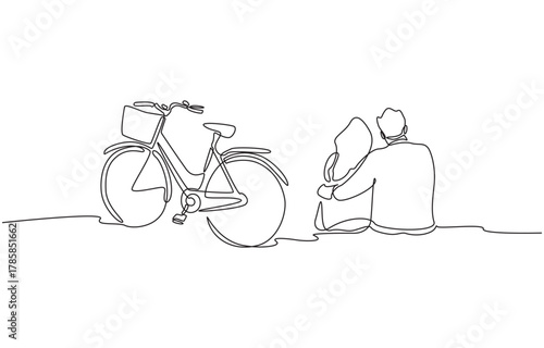 Continuous one line drawing of couple sitting together beside bicycle, intimate scene of love, companionship, and tranquility concept, single line art.