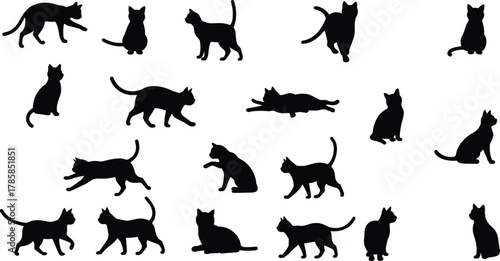 PrintBlack cat silhouettes collection, playful feline poses, sitting cats, walking cats, vector animal icons, pet illustration graphics design clipart