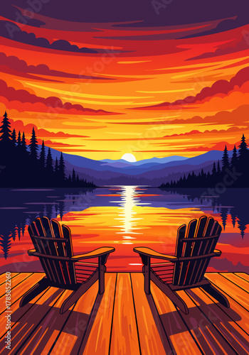 Serene lakeside sunset with Adirondack chairs on a wooden dock, reflecting a vibrant sky over a calm water body and distant pine trees and mountains