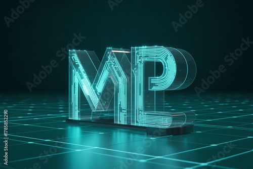 Stunning futuristic MP initial logo with circuit board design for technology and innovation branding in a modern neon teal color scheme on a grid background