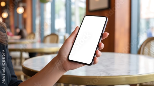 Mockup, blank screen cell phone. Woman hand holding, using mobile phone at cafe with white empty space for advertise text. contact business, social meida communication, technology device, closeup
