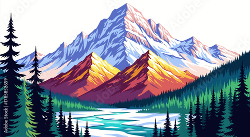 Vibrant illustration of a majestic snow-capped mountain peak towering over a serene alpine lake and dense evergreen forest