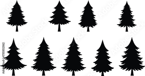 PrintBlack pine tree silhouettes, evergreen forest vector collection, conifer tree shapes, winter woodland illustration, nature design elements, outdoor landscape graphic
