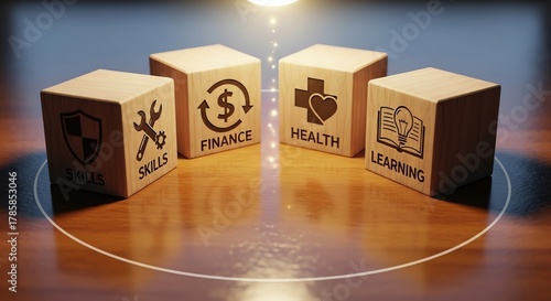 Wooden blocks with skills finance health learning concepts