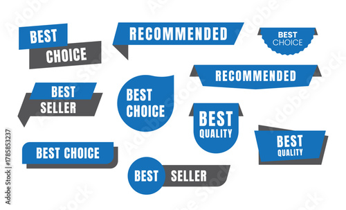 Best choice, recommended, best seller label design. Sticker, badge, tags and ribbon for promotion. Sale banner element. Vector illustration