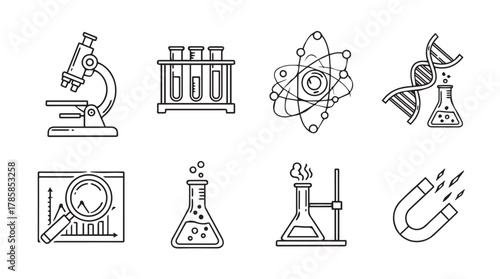 Collection of science and research icons in a simple line art silhouette style
