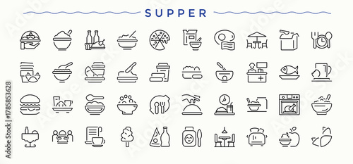 Supper icon. Dishes minimalist icons collection. Thin icons set. Dinner icon pack. Pixel perfect. Editable stroke.