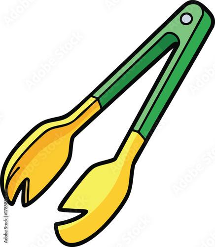 Illustration of a Green and Yellow Kitchen Tongs With a White Background