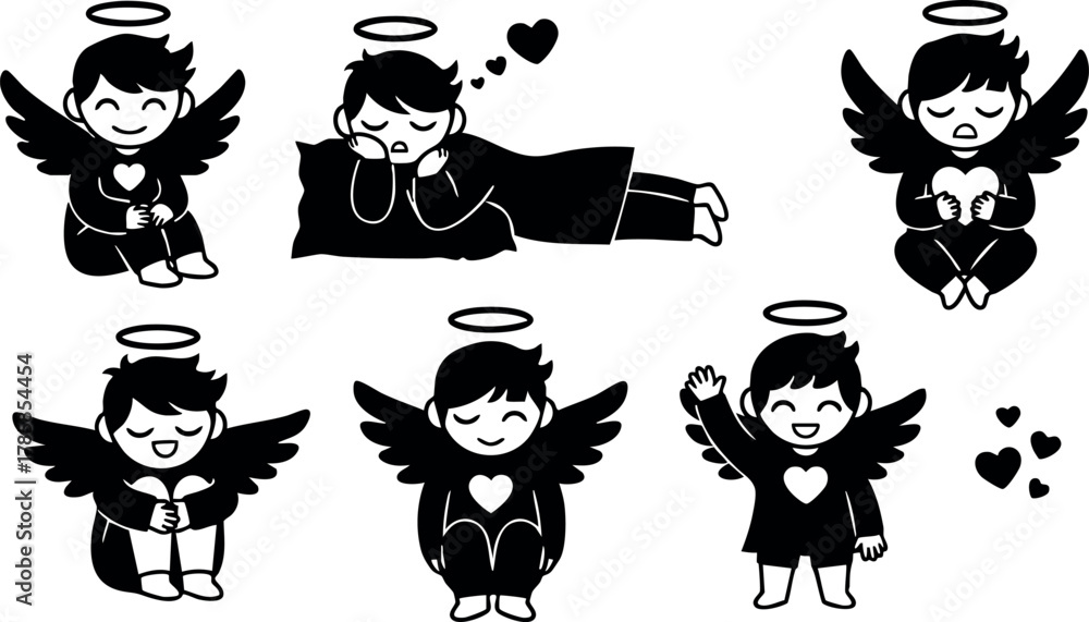 Obraz premium Cute black and white angel illustrations with hearts and halos in various poses vector