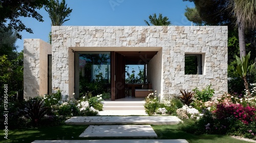 Fototapeta Naklejka Na Ścianę i Meble -  Modern Small House with Garden Minimalist Limestone Coastal Danish Style Sunny Weather Vibrant Views Crisp Details Radiant Lighting Elegant Design Luxurious Ambiance (AI-Generated)