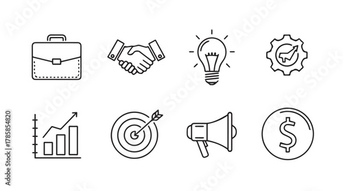 Collection of eight hand drawn business icons in a simple outline silhouette style representing success and growth