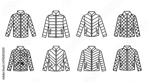 Collection of eight different puffer jacket designs presented in a clean black and white silhouette style
