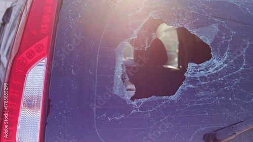 Broken rear window of a car showing shattered glass after a break-in, with sunlight reflecting on the damaged surface, symbolizing vandalism, theft, property damage, and insurance claims