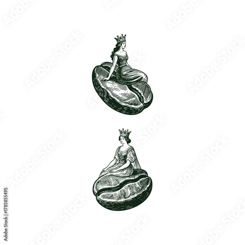 Elegant vintage engraving illustration of a royal woman or queen wearing a crown, sitting atop a giant coffee bean