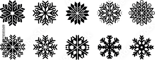 Black Snowflake Icons Set Vector with Diverse Snow Crystal Shapes and Winter Theme Design 