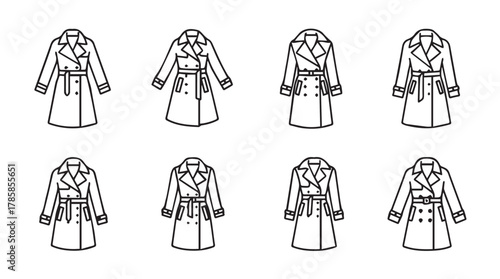 Collection of eight detailed black and white fashion illustrations of classic trench coats in silhouette