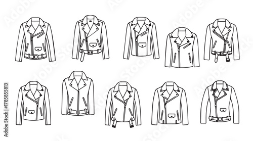 Collection of hand drawn black and white leather biker jacket illustrations in silhouette style