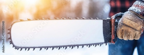 Professional lumberjack holds chainsaw ready for action in snow-covered forest with space for custom message
