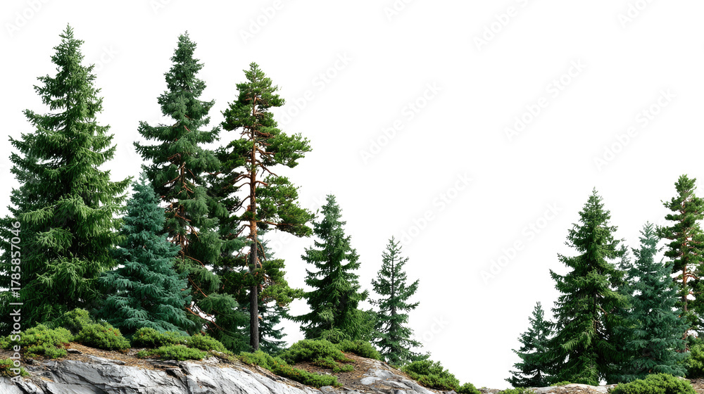 Fototapeta premium Emerald Canopy: Lush evergreen trees stand tall on a rocky outcrop, their vibrant needles contrasting against the sky, symbolizing the resilience and enduring beauty of nature.