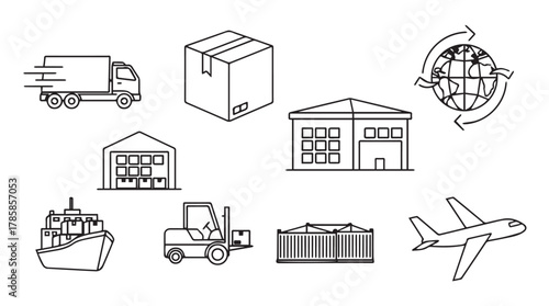 Collection of logistics and shipping icons in a simple outline silhouette style representing delivery services silhouette