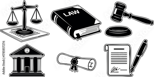 Legal Justice Symbols Law Book Gavel Scales Court Diploma Contract Pen Vector Illustration 
