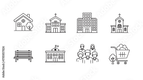 Collection of simple line art building icons and people figures in a sketch silhouette style
