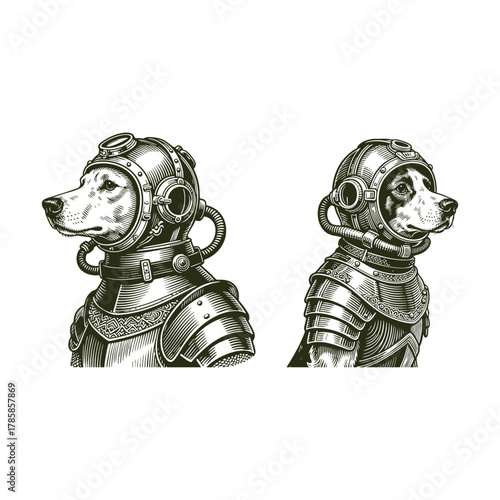 engraving style illustration set featuring two dogs wearing full medieval armor suits combined with antique Steampunk or diving helmets
