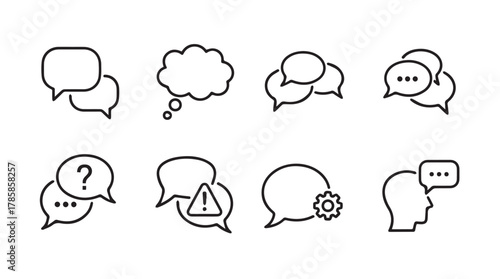Collection of hand drawn speech bubble icons and a silhouette of a head with a thought bubble silhouette
